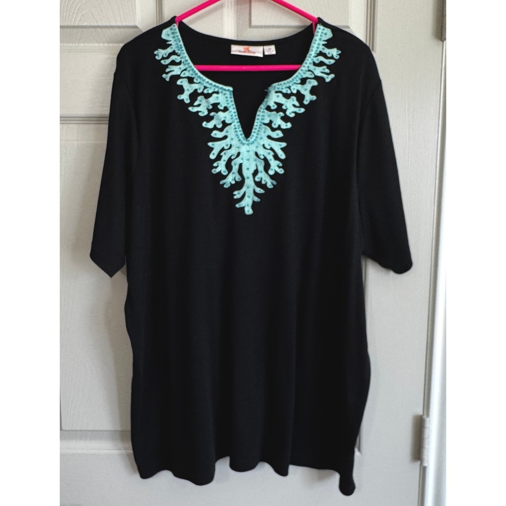 Quacker Factory Womens 3X Black Turquoise Beaded Coral Embroidered Tunic Top